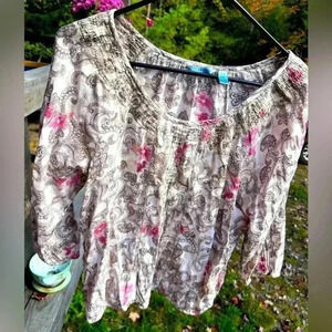 Izod Women's Sz L Loose Fitting Billow Blouse Gathered Wrist & Waist